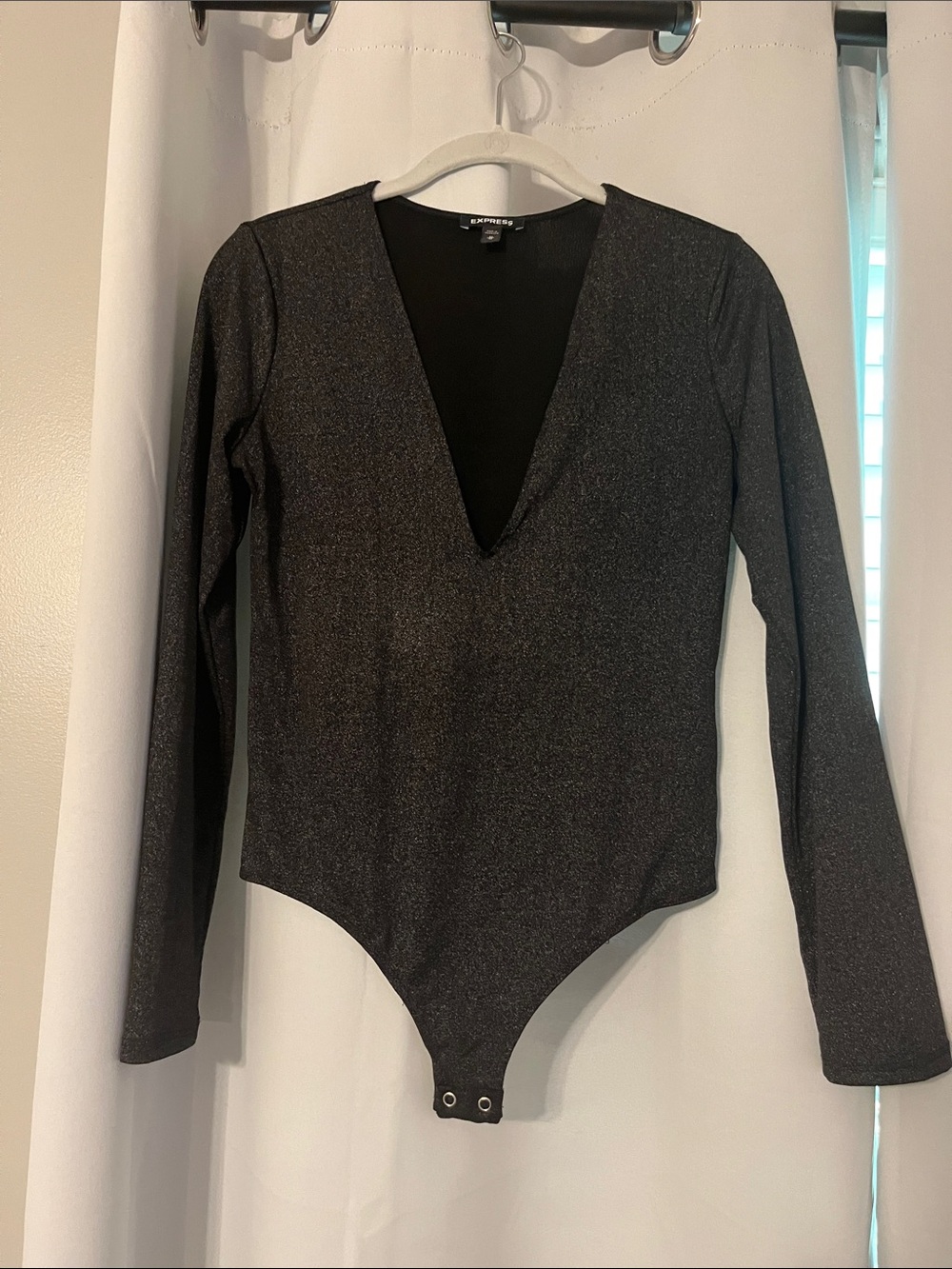 Express Black Sparkle Long Sleeve V-Neck Bodysuit